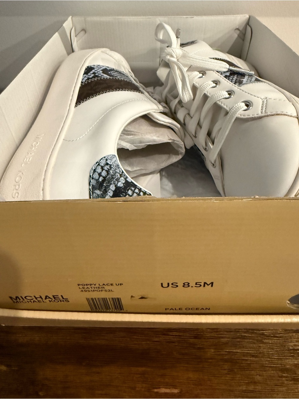 Michael Kors White Lace-Up Sneakers with Pale Ocean Snake-Print Accent